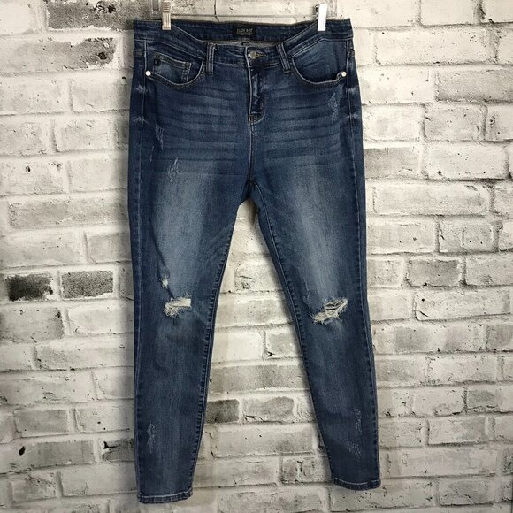 Judy Blue Mid Rise Dark Wash Distressed Stretch Denim Skinny Jeans - Picture 1 of 8